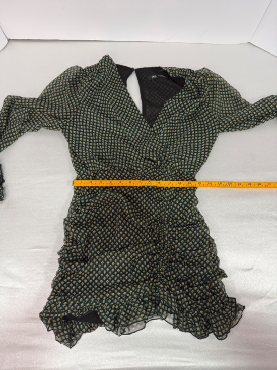 ZARA Green Floral Ruched Dress Mini Puff Sleeve Size S - Picture 7 of 9